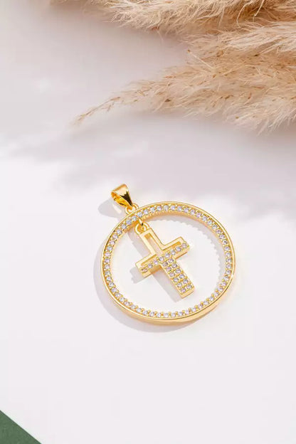 Pingente Redondo Cruz Pendulo Cristal Ouro 18k