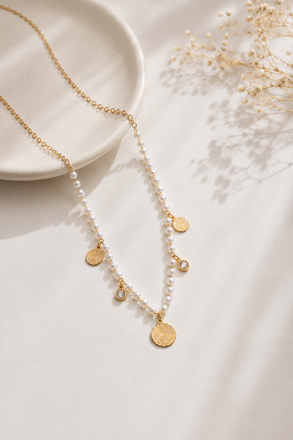 Colar Corações com Pérola Pai Nosso Ouro 18k