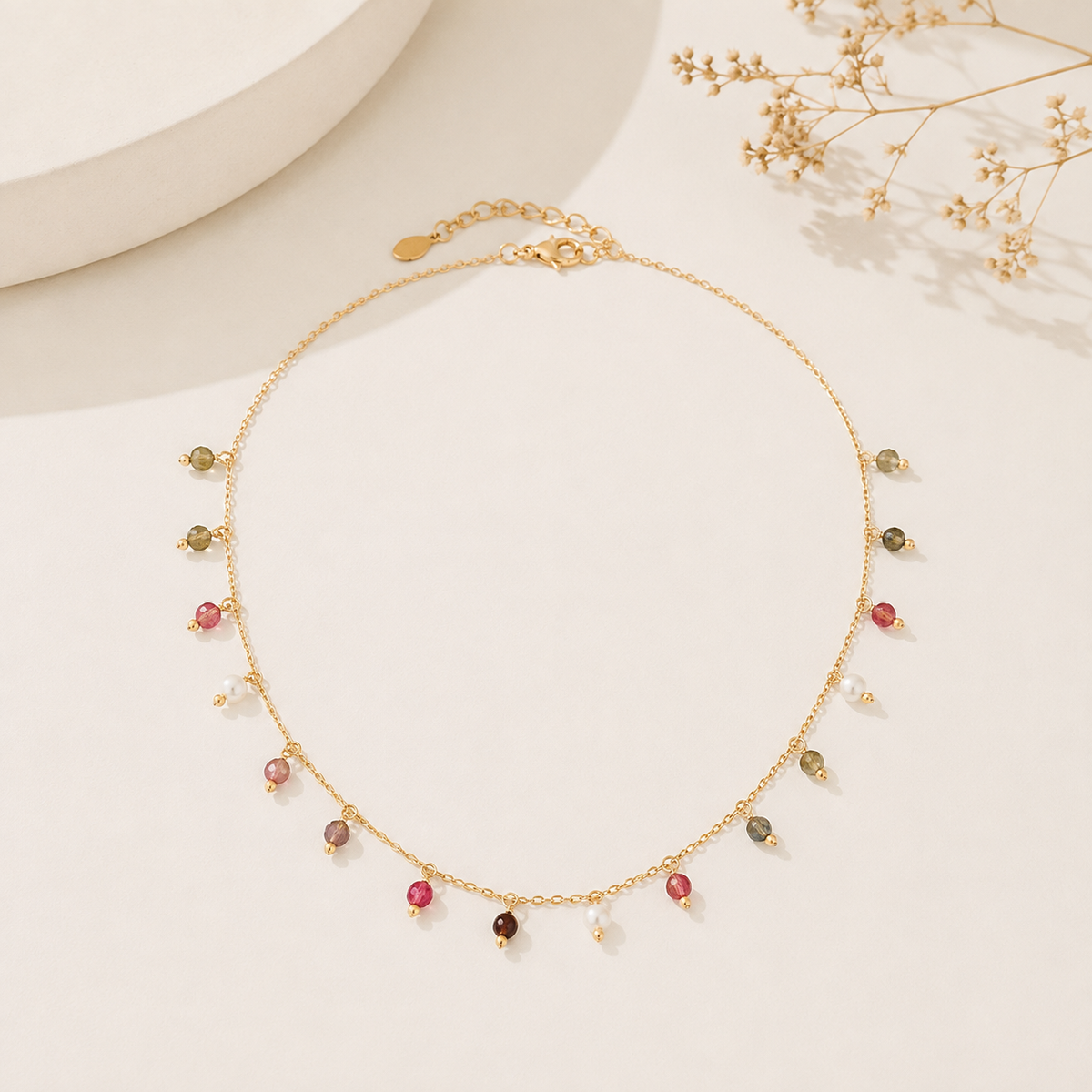 Choker Rondell com Pedra Natural Ágata Fogo e Pérola Ouro 18k