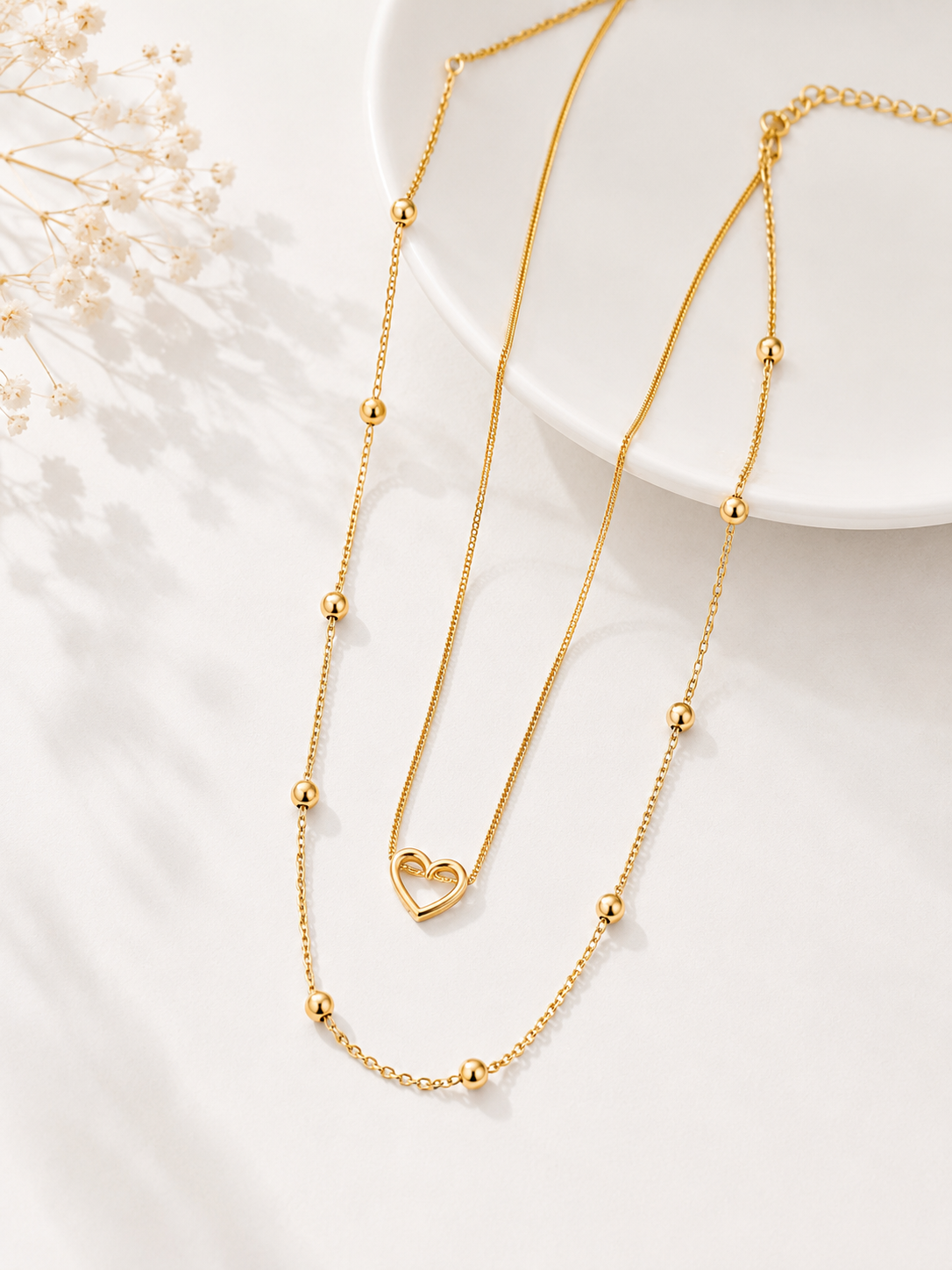Colar Duplo Coração Vazado com Esferas MontClair Ouro 18k