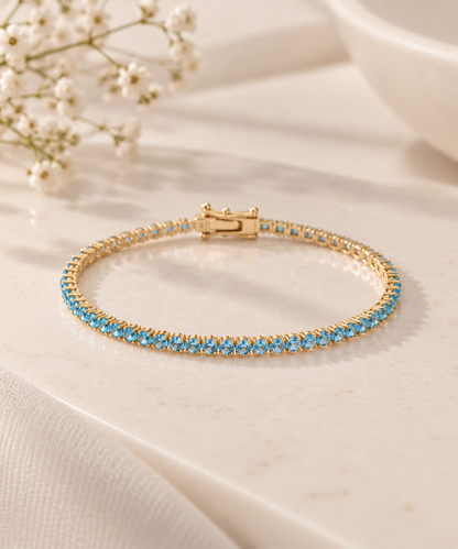 Pulseira Riviera Três Pontas Aquamarine Ouro 18k
