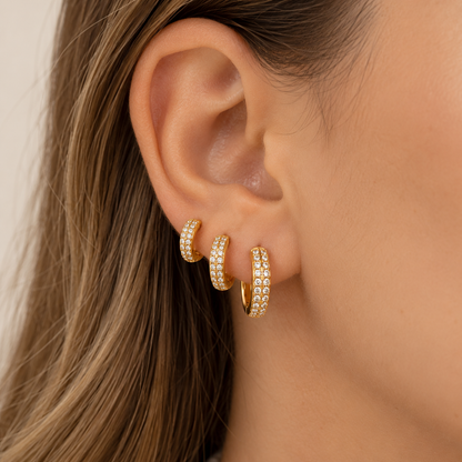 Brinco Trio Argola Duas Fileiras Zircônia Ouro 18k