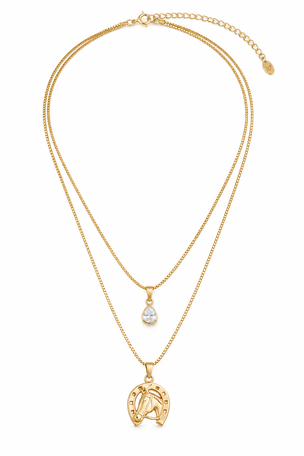 Colar Duplo Veneziana Ferradura com Cavalo Ouro 18k