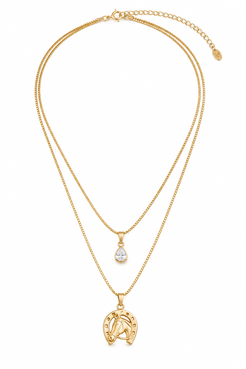 Colar Duplo Veneziana Ferradura com Cavalo Ouro 18k