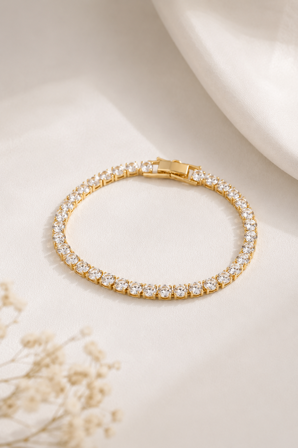 Pulseira Riviera 3mm Cristal Fecho Joia Ouro 18k