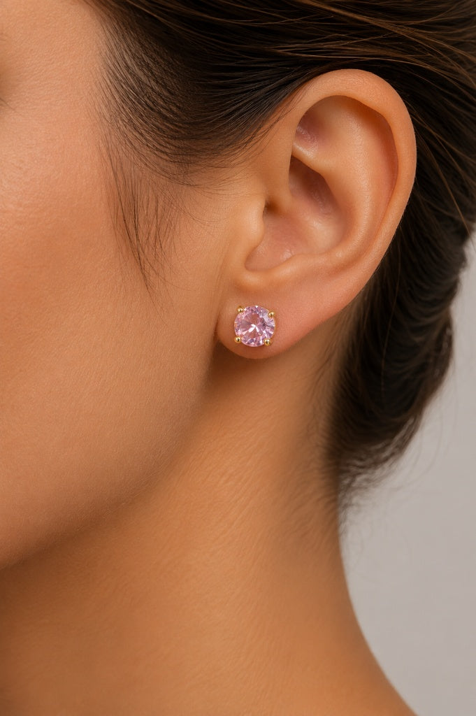 Brinco Ponto de Luz Quartzo Rosa 8mm Ouro 18k