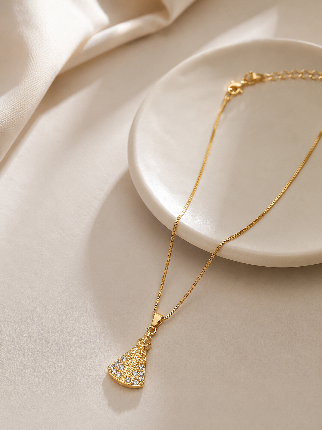 Colar Nossa Senhora Manto Zircônia Cristal Ouro 18k