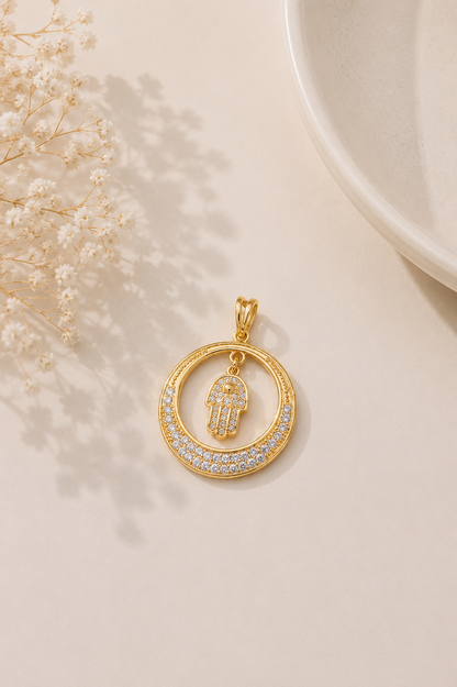 Pingente Redondo Mão de Fátima Ouro 18k
