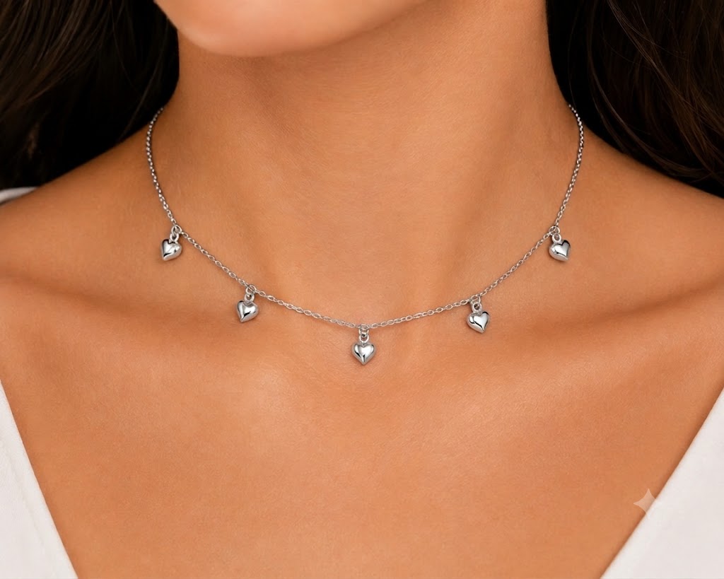 Choker Cartier Coraçãozinho Puffer Ródio Branco