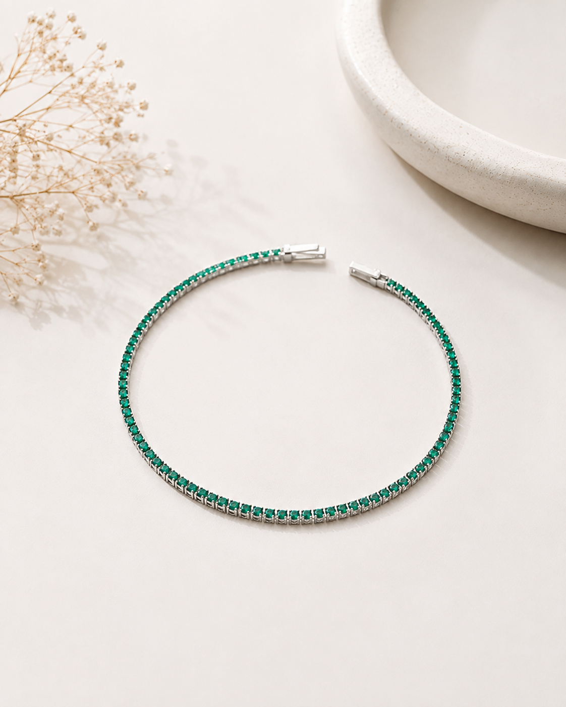 Pulseira Riviera Esmeralda 2mm Ródio Branco