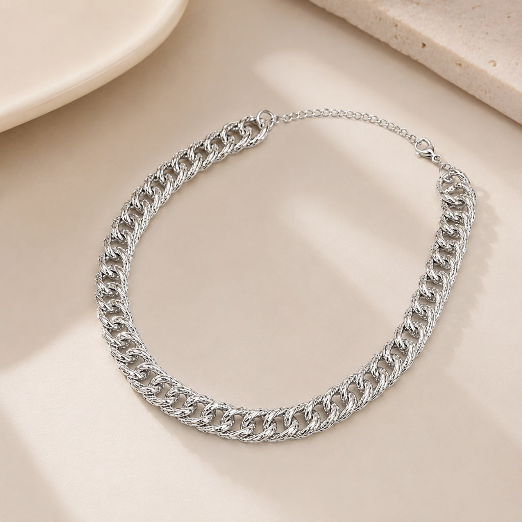 Choker Elo Duplo Trabalhado Ródio Branco