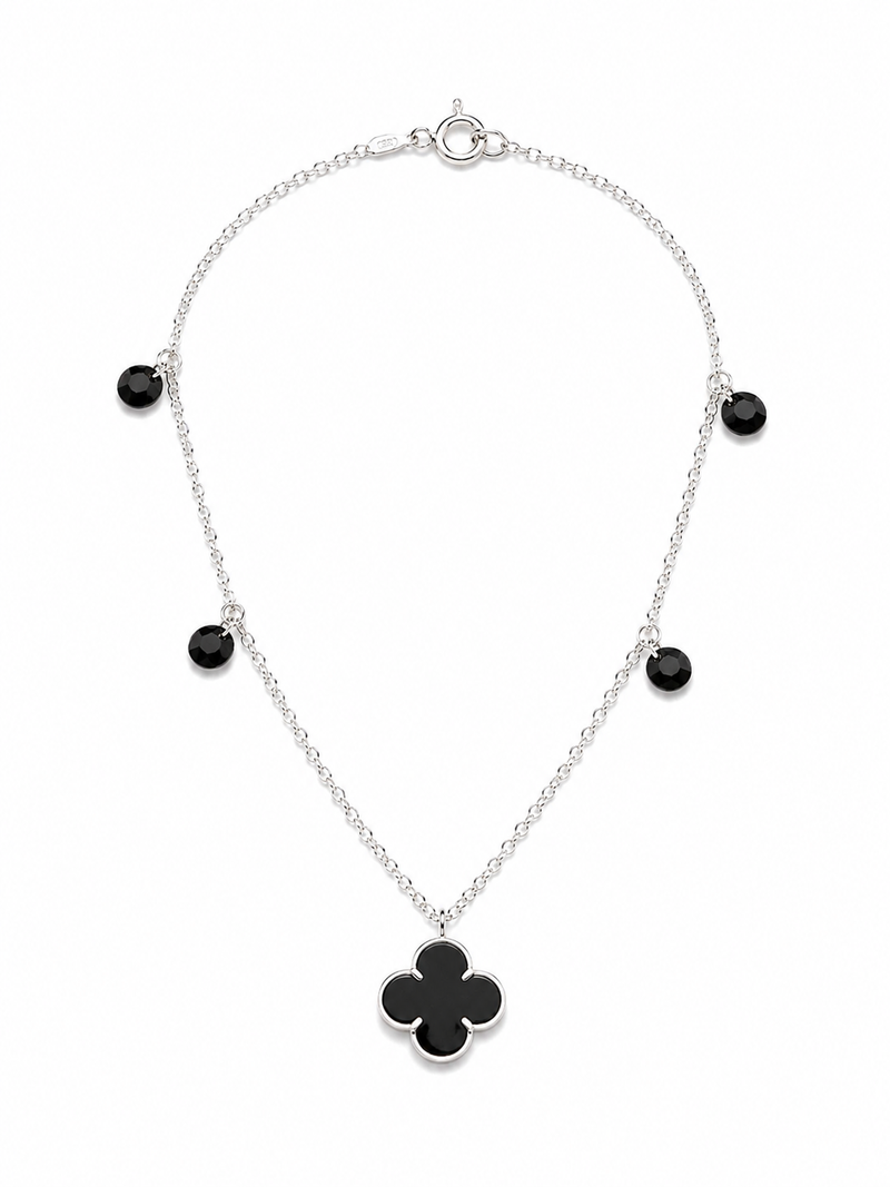Pulseira Van Cleef Preto com Pedra Pendurada Prata 925