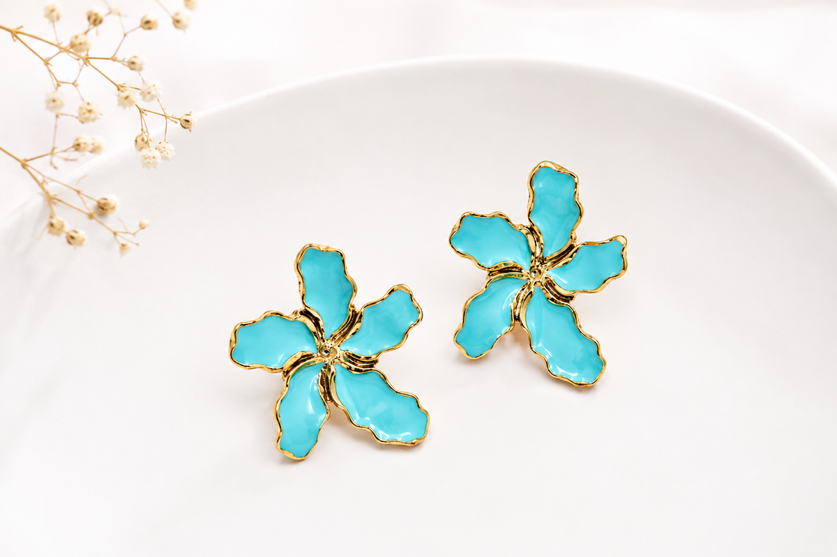 Brinco Flor Estrela Esmaltado Azul Ouro 18k