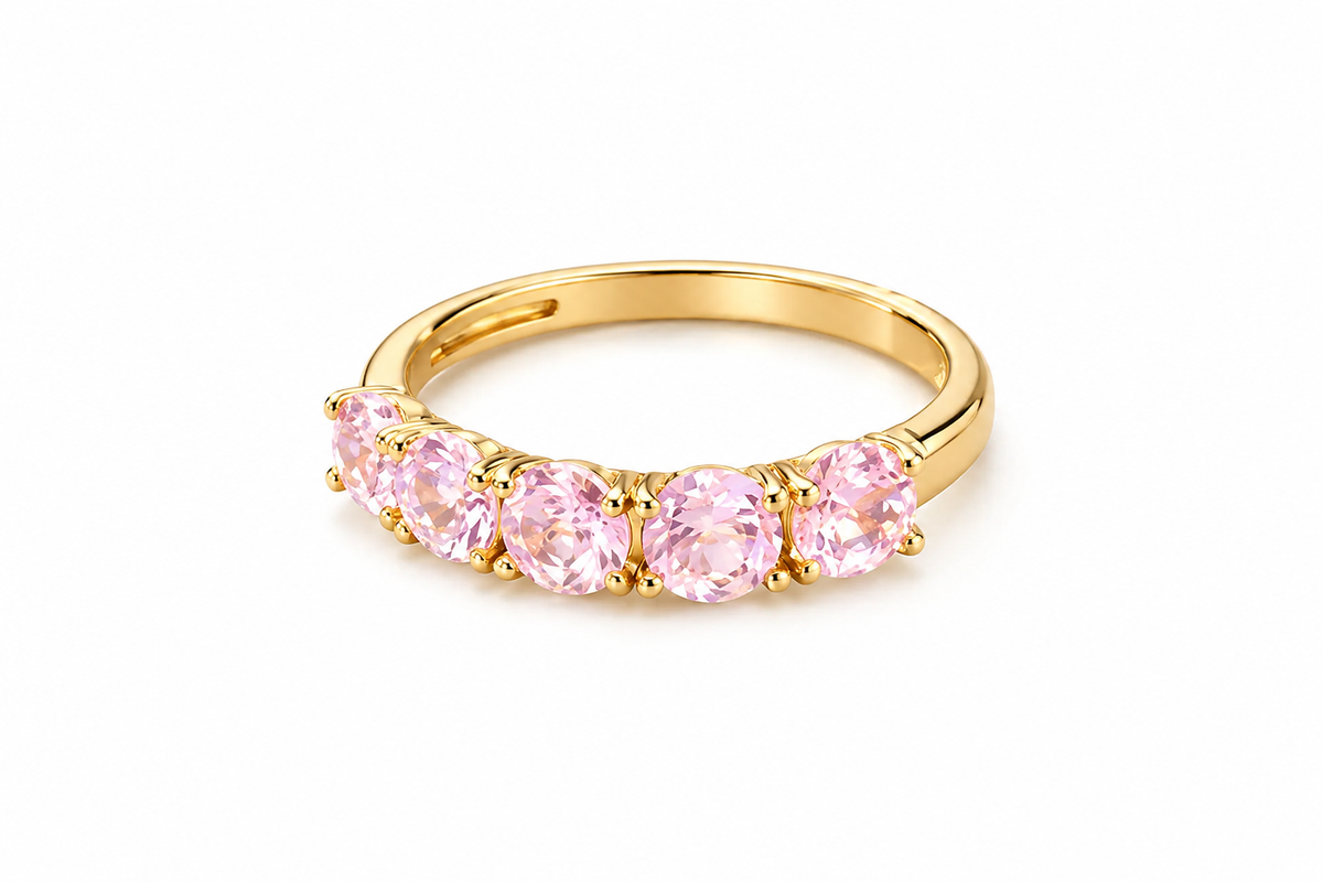 Anel Rainbow Meia Aliança Quartzo Rosa Ouro 18k