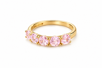Anel Rainbow Meia Aliança Quartzo Rosa Ouro 18k