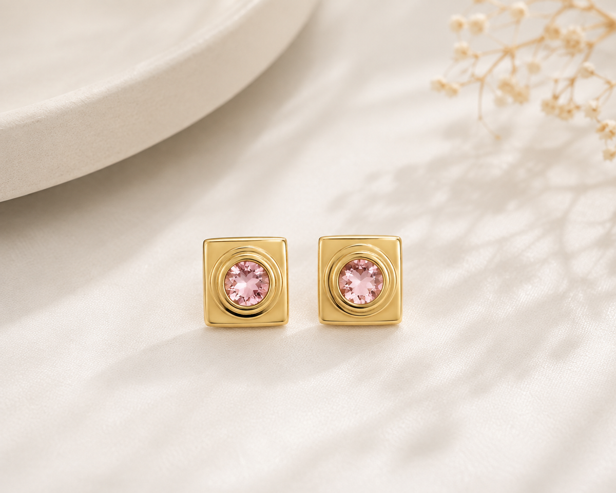 Brinco Quadrado Quartzo Rosa Ouro 18k