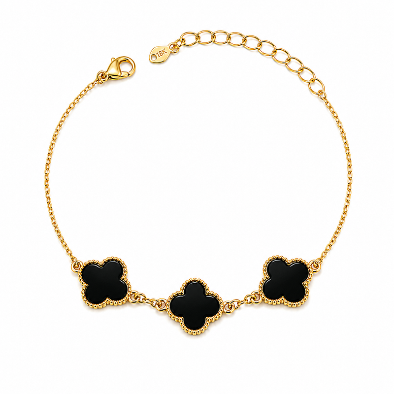 Pulseira Trevo Puffer Preto Ouro 18k