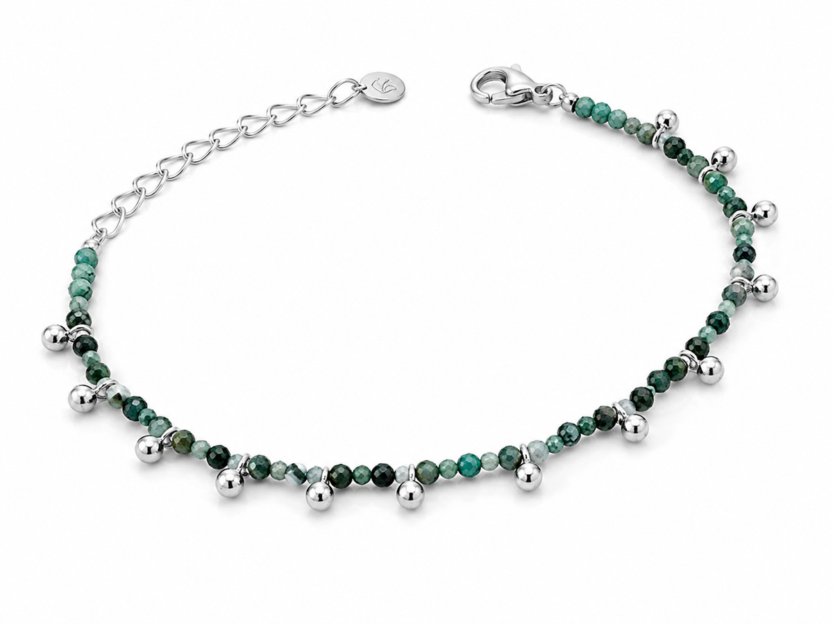 Pulseira Pedra Natural Com Bolinha de Metal Ródio Branco