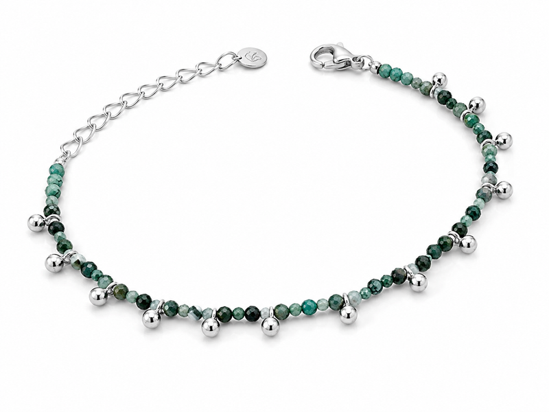 Pulseira Pedra Natural Com Bolinha de Metal Ródio Branco