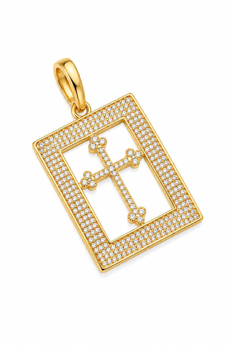 Pingente Quadrado Cruz Cravejado Ouro 18k