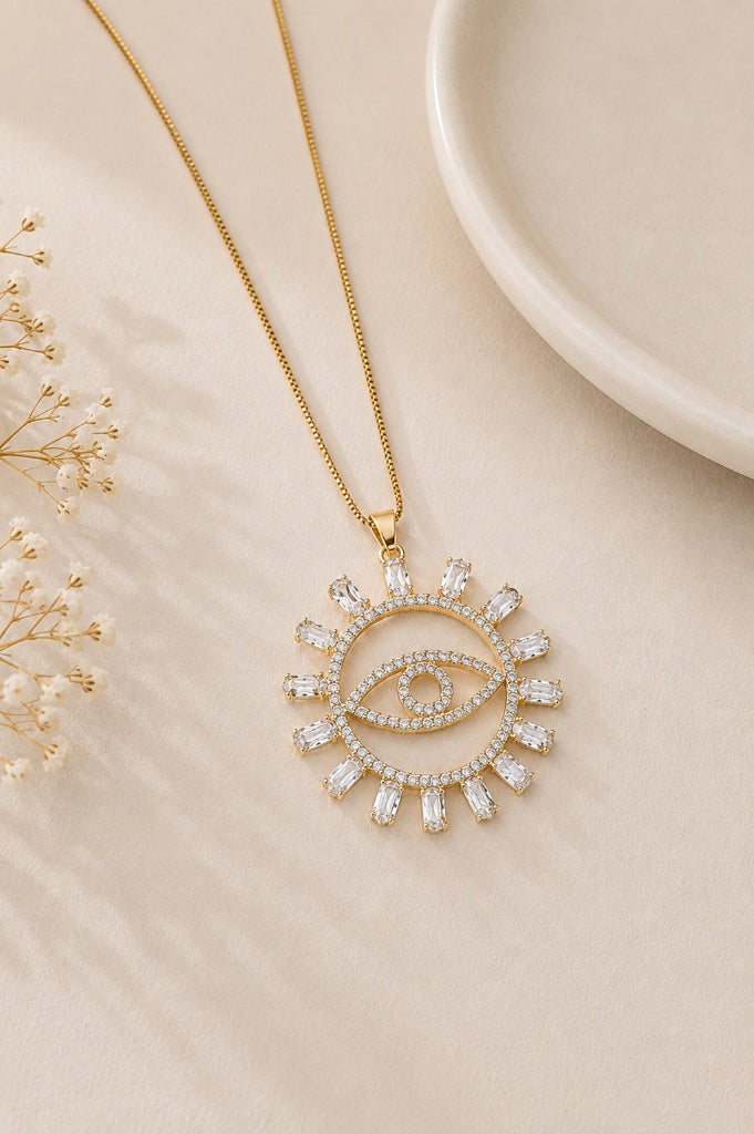 Colar Olho Grego Navete Cristal Ouro 18k