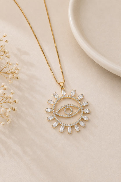 Colar Olho Grego Navete Cristal Ouro 18k
